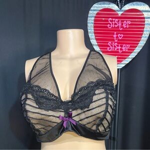Cacique Black Sheer Lace Bralette with Purple Accent